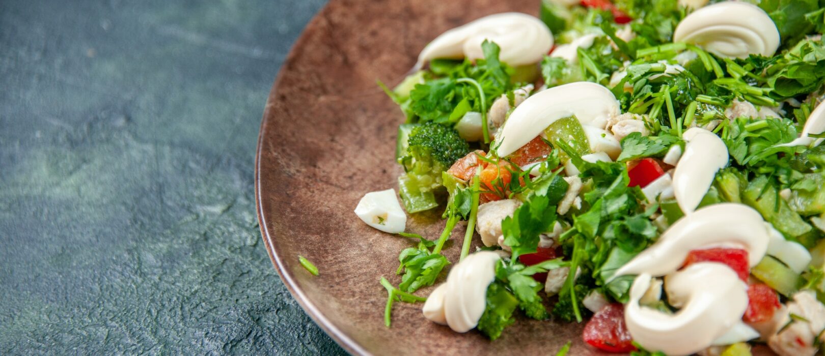 front view vegetable greens salad inside elegant plate on dark-blue background food restaurant diet