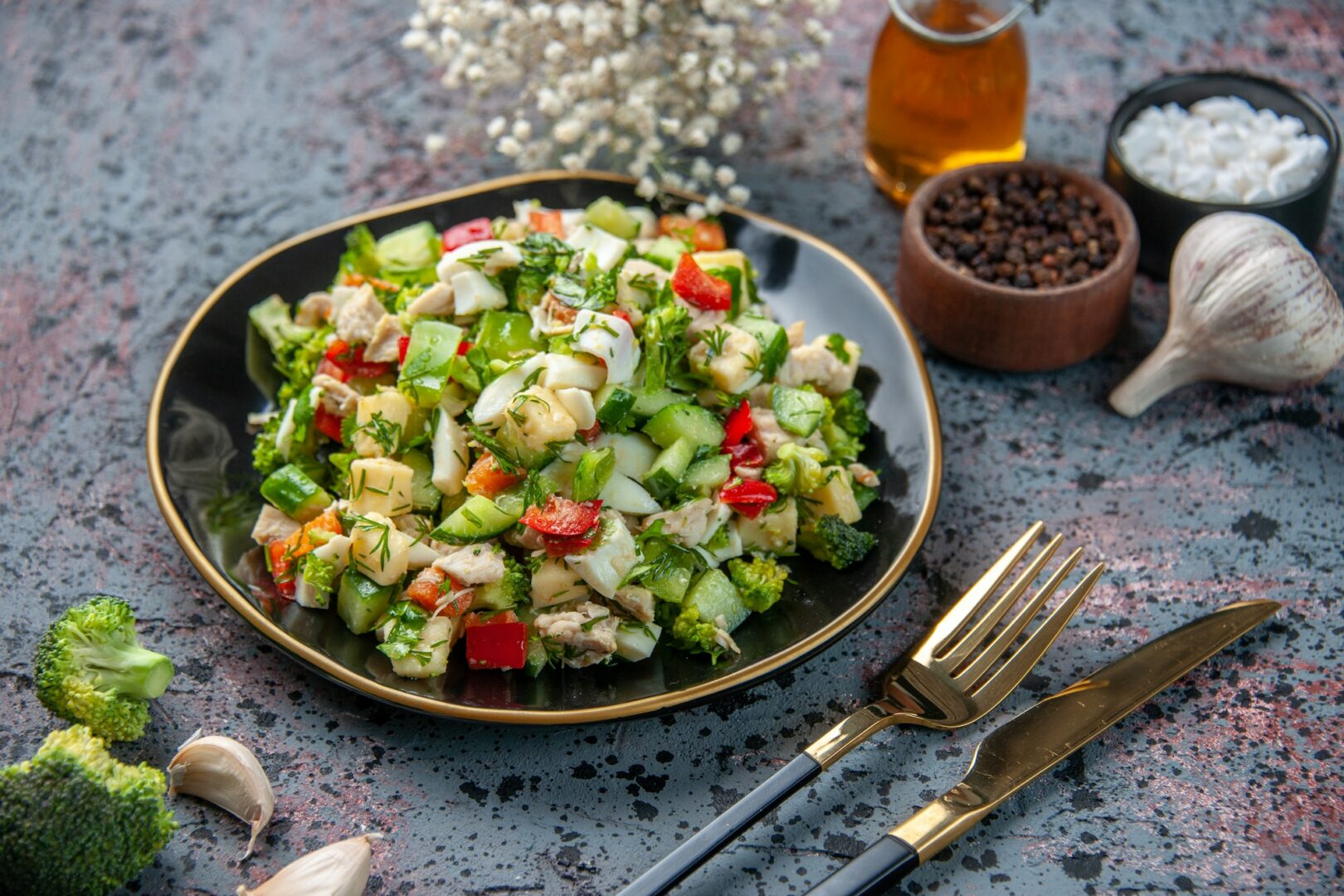 front view vegetable salad with seasonings and garlic on dark background food restaurant fresh