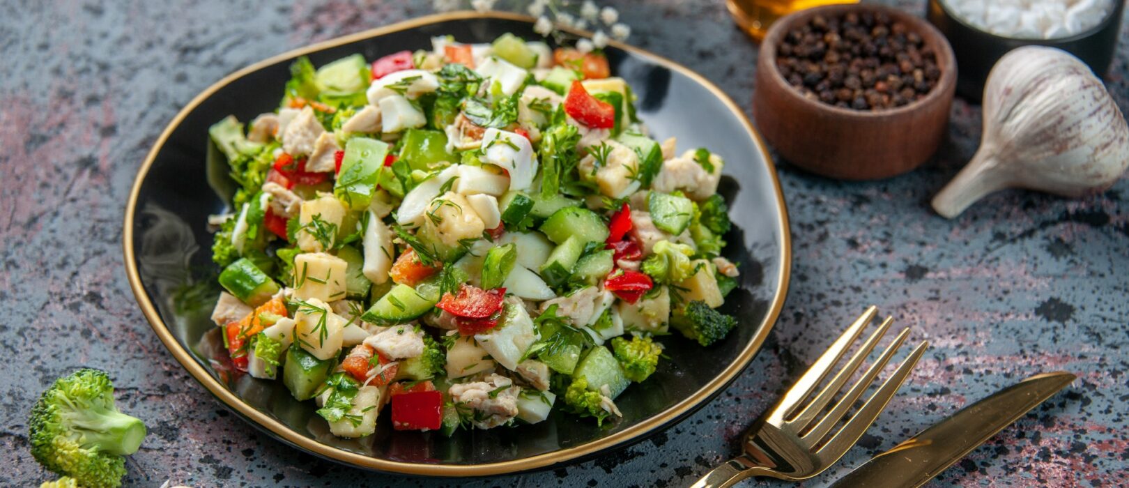front view vegetable salad with seasonings and garlic on dark background food restaurant fresh
